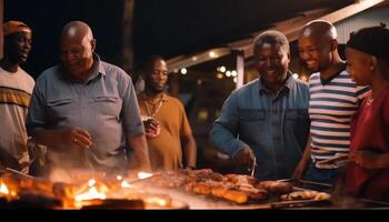 famiglia gode grigliate carne all'aperto, bonding insieme generato di ai foto