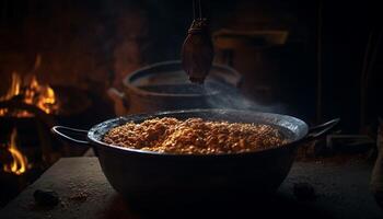 getto ferro cucinando padella su legna fuoco generato di ai foto