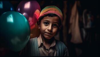 sorridente carino bambini Tenere palloncini con gioia generato di ai foto