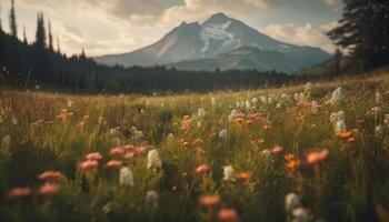 montagna prato fioriture con Fiore di campo bellezza generato di ai foto