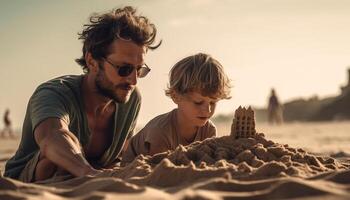 padre e figlio Sorridi nel soleggiato sabbia generato di ai foto