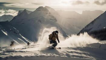 uno uomo conquista picco su Snowboard avventura generato di ai foto