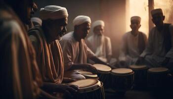 gruppo di musicisti giocando tradizionale percussione strumenti all'aperto generato di ai foto