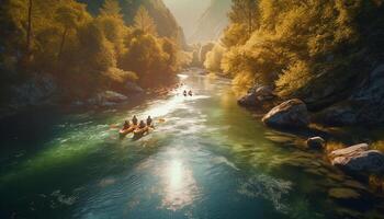 uomini e donne canoa su tranquillo blu acque generato di ai foto