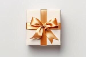 regalo scatola con raso nastro e arco su bianca sfondo generativo ai foto