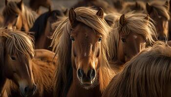 giovane baia cavallo equitazione nel pittoresco prato generato di ai foto