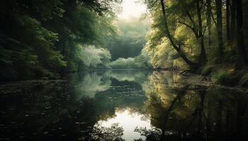 tranquillo riflessione di albero su calma stagno generato di ai foto