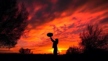 silhouette giochi palla sotto un' tramonto cielo all'aperto generato di ai foto