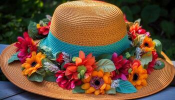 estate donna fedora un' Multi colore floreale decorazione generato di ai foto