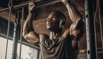 muscolare atleta esercizio forza nel Salute club Palestra generato di ai foto