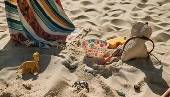 infanzia divertimento nel il sabbia dune giocando con giocattoli generato di ai foto