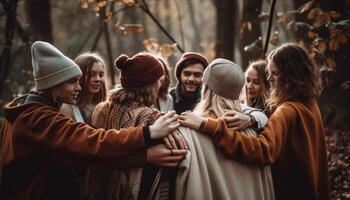 un' gruppo di amici sorridente nel natura generato di ai foto