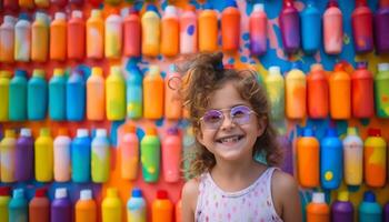 allegro bambino piccolo Tenere rinfrescante blu acqua bottiglia all'aperto generato di ai foto