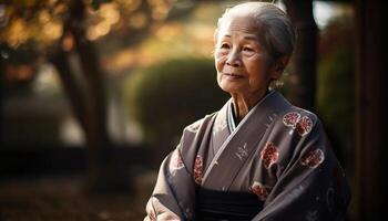 sereno anziano donna gode tranquillo, calmo tradizionale giardino camminare generato di ai foto