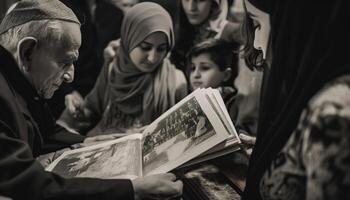 uomini e donne lettura il Bibbia all'aperto insieme generato di ai foto