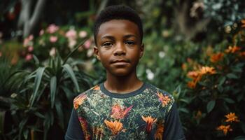 sorridente africano ragazzo tra lussureggiante verde natura generato di ai foto