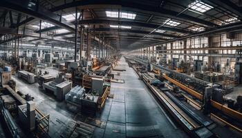 moderno metallo produzione attrezzatura Lavorando dentro industriale edificio generato di ai foto