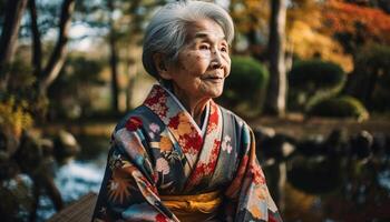 anziano donna sorrisi nel tradizionale giapponese capi di abbigliamento generato di ai foto