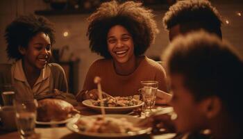 sorridente donne godere pasto, amicizia e solidarieta generato di ai foto