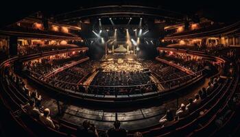 buio palcoscenico dentro vecchio Teatro illuminato di attrezzatura generato di ai foto