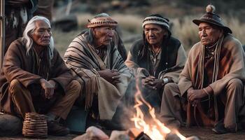 gli anziani godendo tradizionale africano fuoco di bivacco pasti insieme generato di ai foto