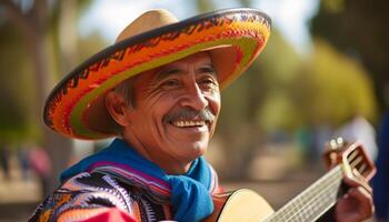 allegro musicista con sombrero giochi acustico chitarra all'aperto generato di ai foto