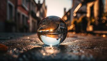 illuminato paesaggio urbano riflette nel bagnato bicchiere sfera generato di ai foto