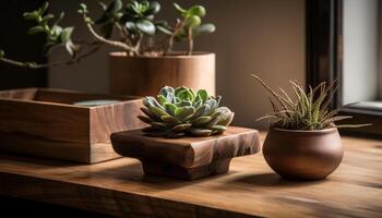 verde in vaso succulento su legna mensola in casa generato di ai foto