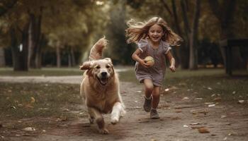 gioioso bambini a piedi loro giocoso cane all'aperto generato di ai foto