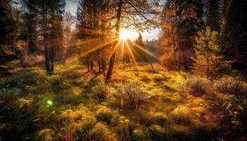 giallo le foglie autunno, autunno tramonto nel foresta generato di ai foto