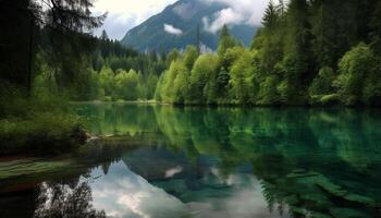 maestoso montagna picco riflette nel tranquillo stagno generato di ai foto