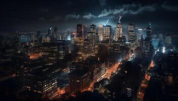 raggiante città vita grattacieli illuminare il notte generato di ai foto