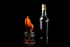 bottiglie di liquore e bicchiere di whisky con fiamme di fuoco su sfondo nero foto