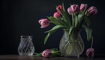 fresco tulipani nel rustico vaso Inserisci eleganza generato di ai foto
