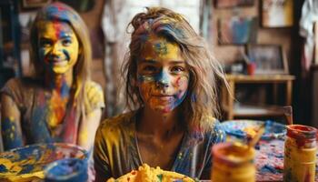 sorridente caucasico ragazze godere disordinato pittura divertimento generato di ai foto