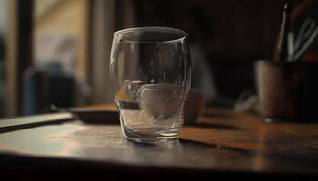 di legno scrivania, singolo bicchiere, Ghiaccio, whisky scrosciante generato di ai foto