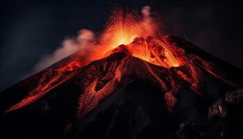 attivo vulcano erutta con ardente lava flusso generato di ai foto