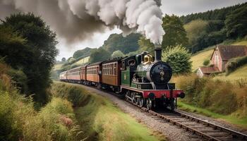 antico locomotiva rilasci Fumo, viaggi Ferrovia traccia generato di ai foto