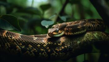 giallo vipera spirali su ramo, Pericolo vicino generato di ai foto