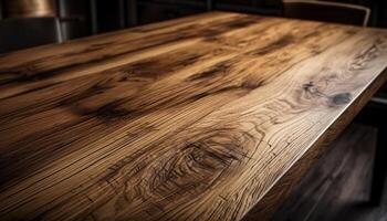 di legno tavolo con rustico design nel vuoto cucina generato di ai foto