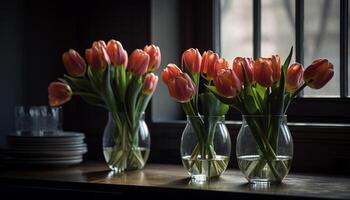 vivace fiori decorare di legno tavolo in casa generato di ai foto