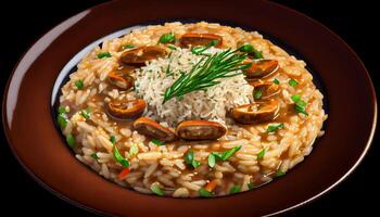 salutare risotto pasto cucinato con commestibile funghi generato di ai foto