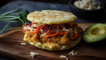 appena grigliato carne e verdure su piatto generato di ai foto