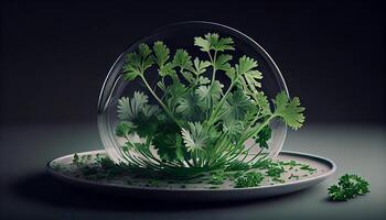 fresco verde prezzemolo nel un' trasparente bicchiere vaso generato di ai foto