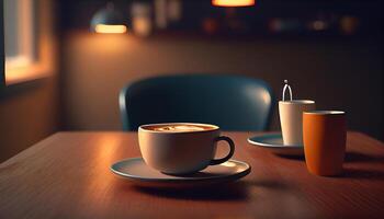 schiumoso cappuccino su elegante di legno caffè tavolo generato di ai foto
