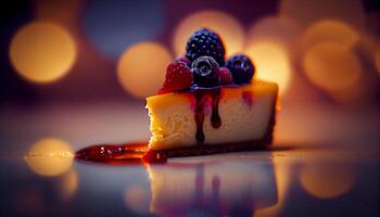 indulgente buongustaio torta di formaggio con fresco frutti di bosco e cioccolato generato di ai foto