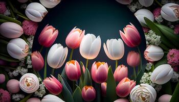 fresco tulipani fiorire nel Multi colorato prato generato di ai foto