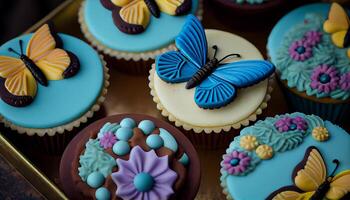 blu sfondo ornato, Multi colorato cupcakes nel primo piano generato di ai foto