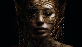 affascinante giovane donna con oro maschera feticcio abbigliamento generato di ai foto