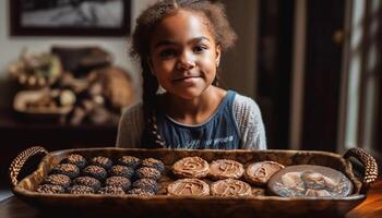 sorridente ragazze cottura al forno fatti in casa cioccolato biscotti in casa generato di ai foto